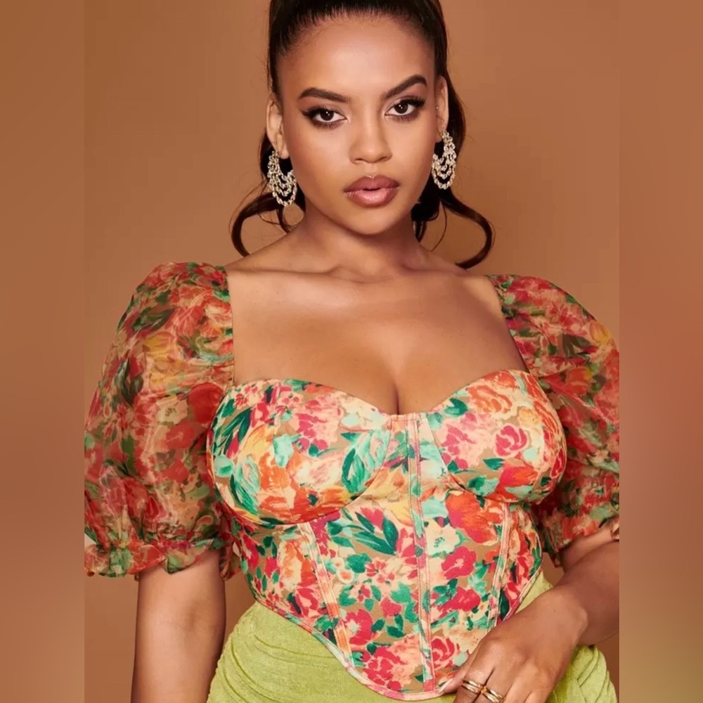 Shein Bae Plus Floral Puff Sleeve Curved Hem Bustier Corset Top – 2XL – NWT